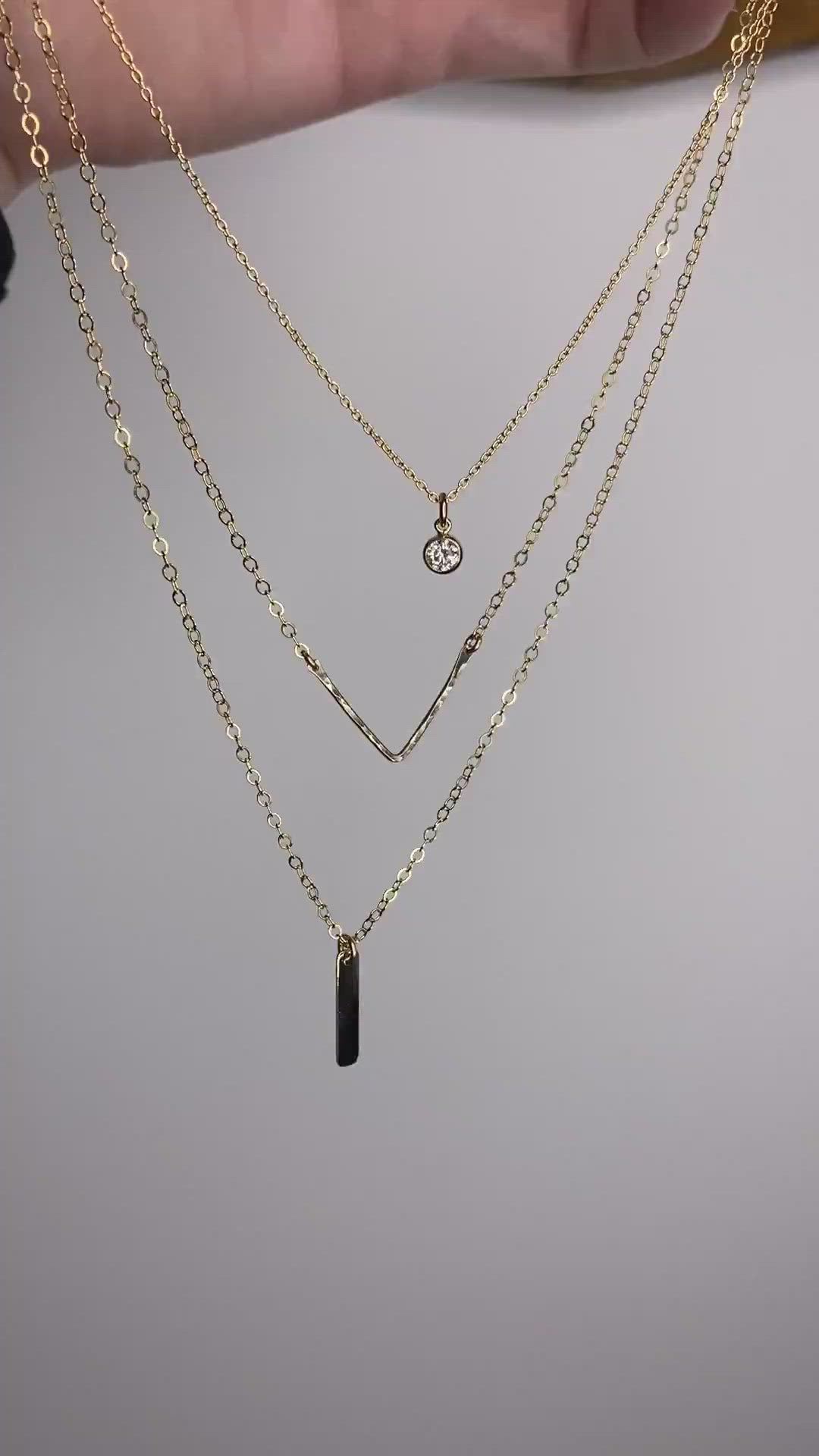 Layered Necklace Set | CZ Pendant, Hammered Chevron & Tiny Bar Necklace